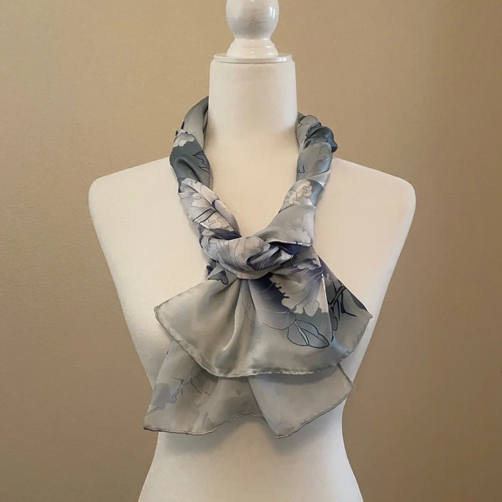 100% Silk Hand Stitched Floral Blue and Gray Oblong Scarf